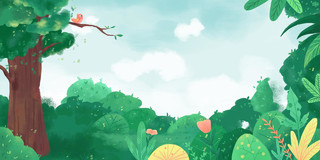卡通儿童手绘春天草地森林叶子树叶春天小清新展板背景
